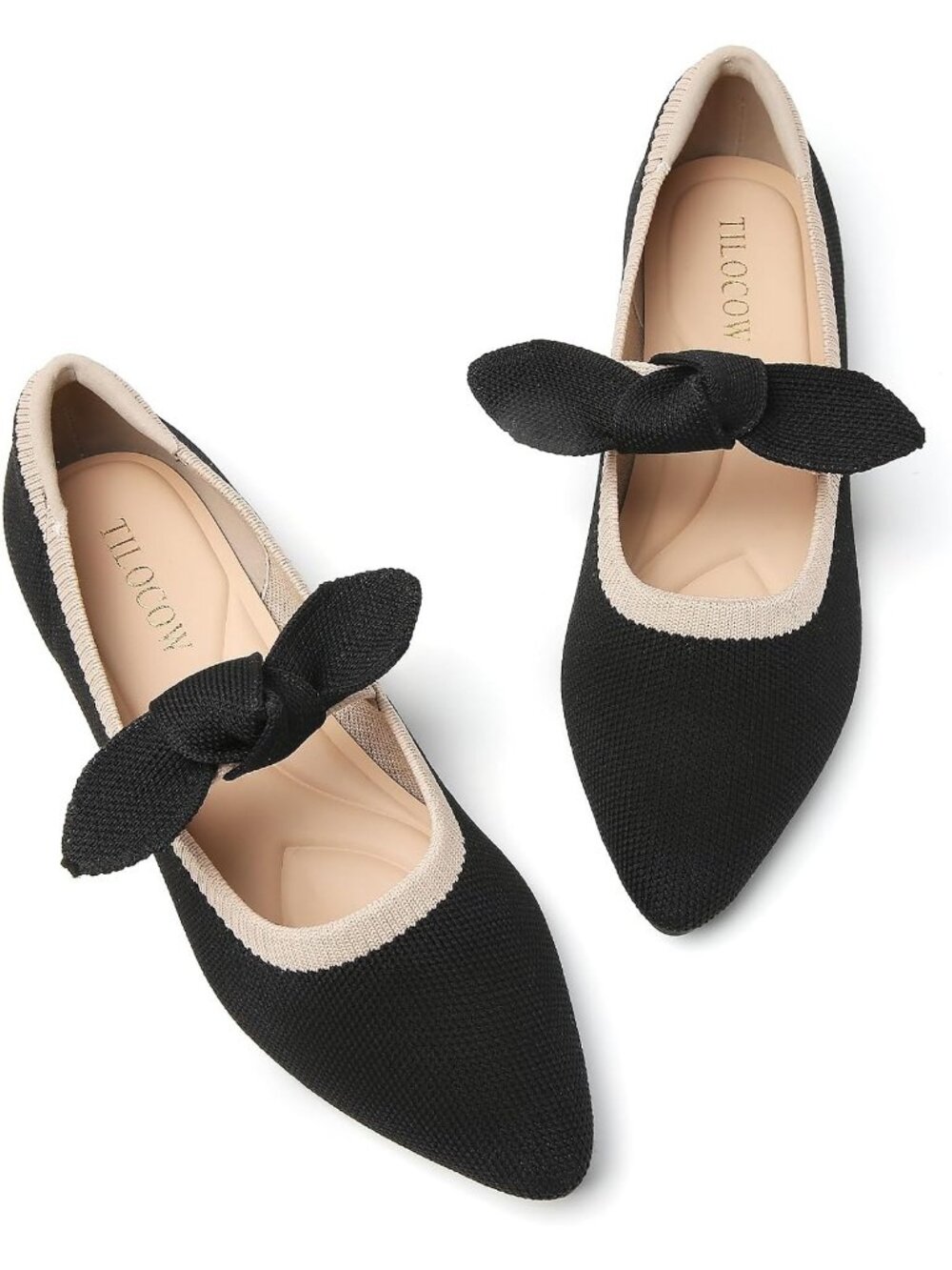 Women's Black Rubber Soft Knit Bow Pointed Toe Ballet Flats Comfortable Shoes